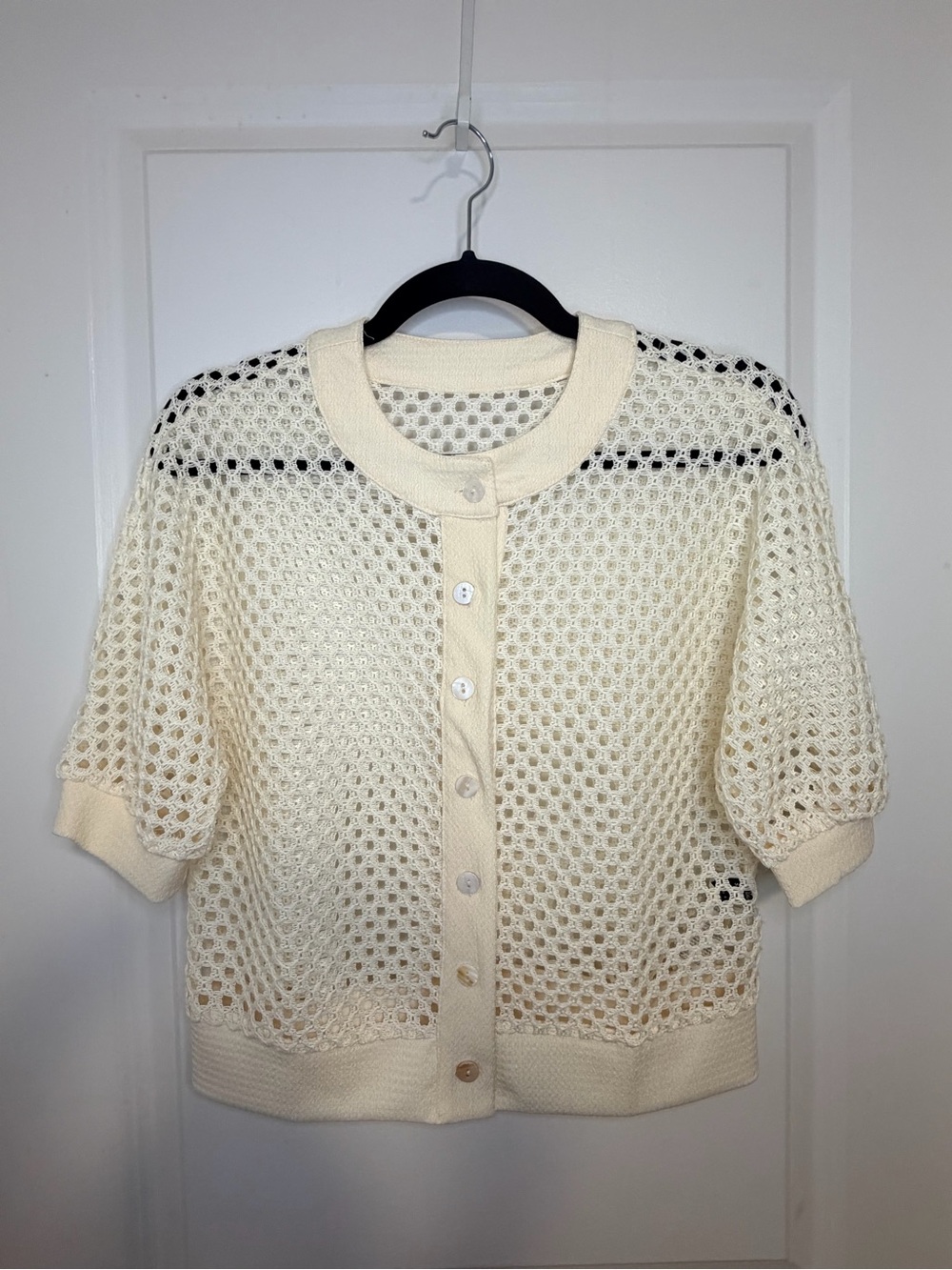 SHEIN Cream Open-Knit Short Sleeve Button Cardigan